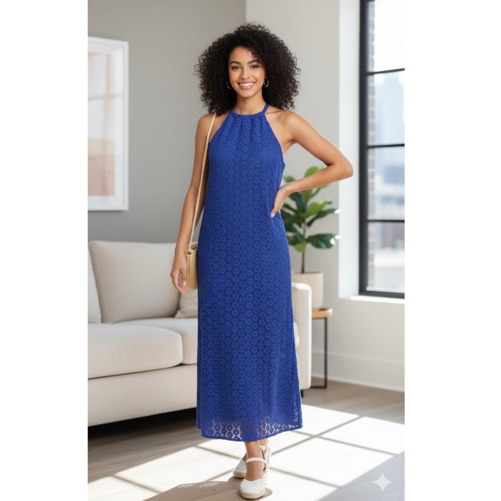 A New‎ Day Blue Crochet Lace Halter Midi Dress | 100% Cotton | Size Small